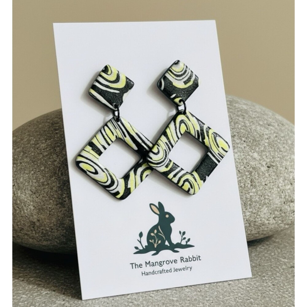 Yellow Black & White Swirl Square Handmade Polymer Clay Dangle Earrings SS Posts